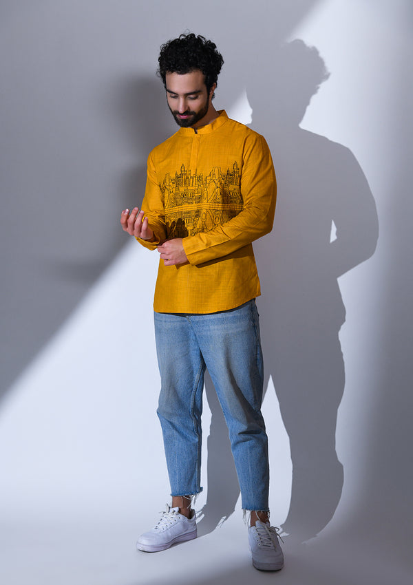 OCHRE REGULAR FIT SHORT KURTA WITH MIRROR LANDSCAPE EMBRIODERY