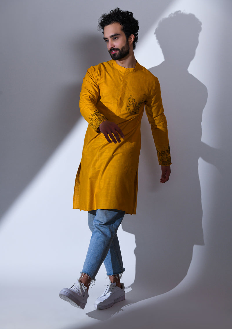 OCHRE REGULAR FIT KURTA WITH POCKET & CUFF EMBRIODERY DETAIL