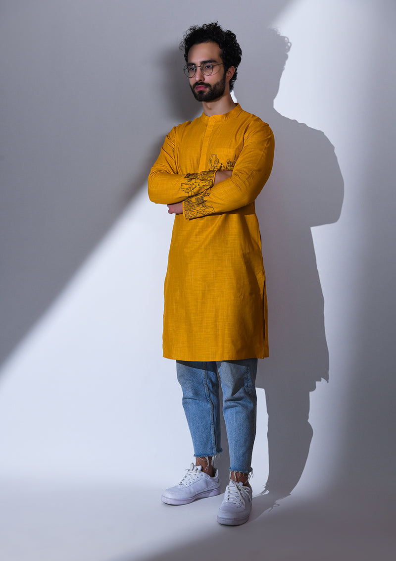 OCHRE REGULAR FIT KURTA WITH POCKET & CUFF EMBRIODERY DETAIL