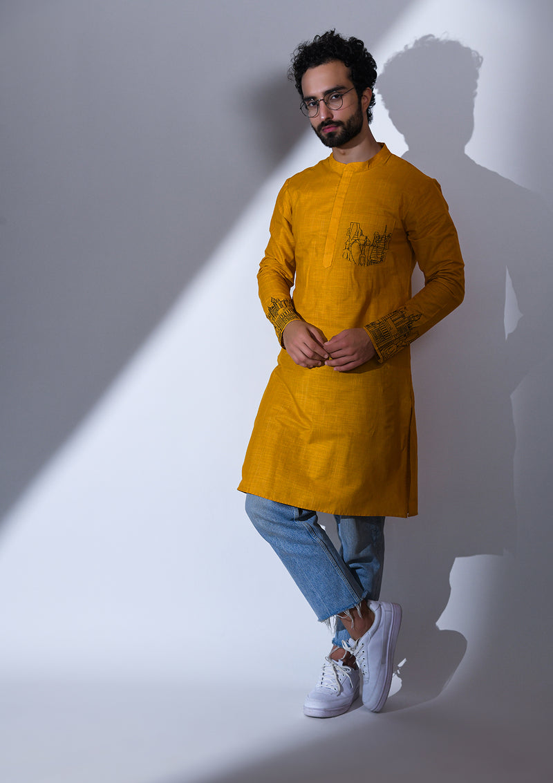 OCHRE REGULAR FIT KURTA WITH POCKET & CUFF EMBRIODERY DETAIL