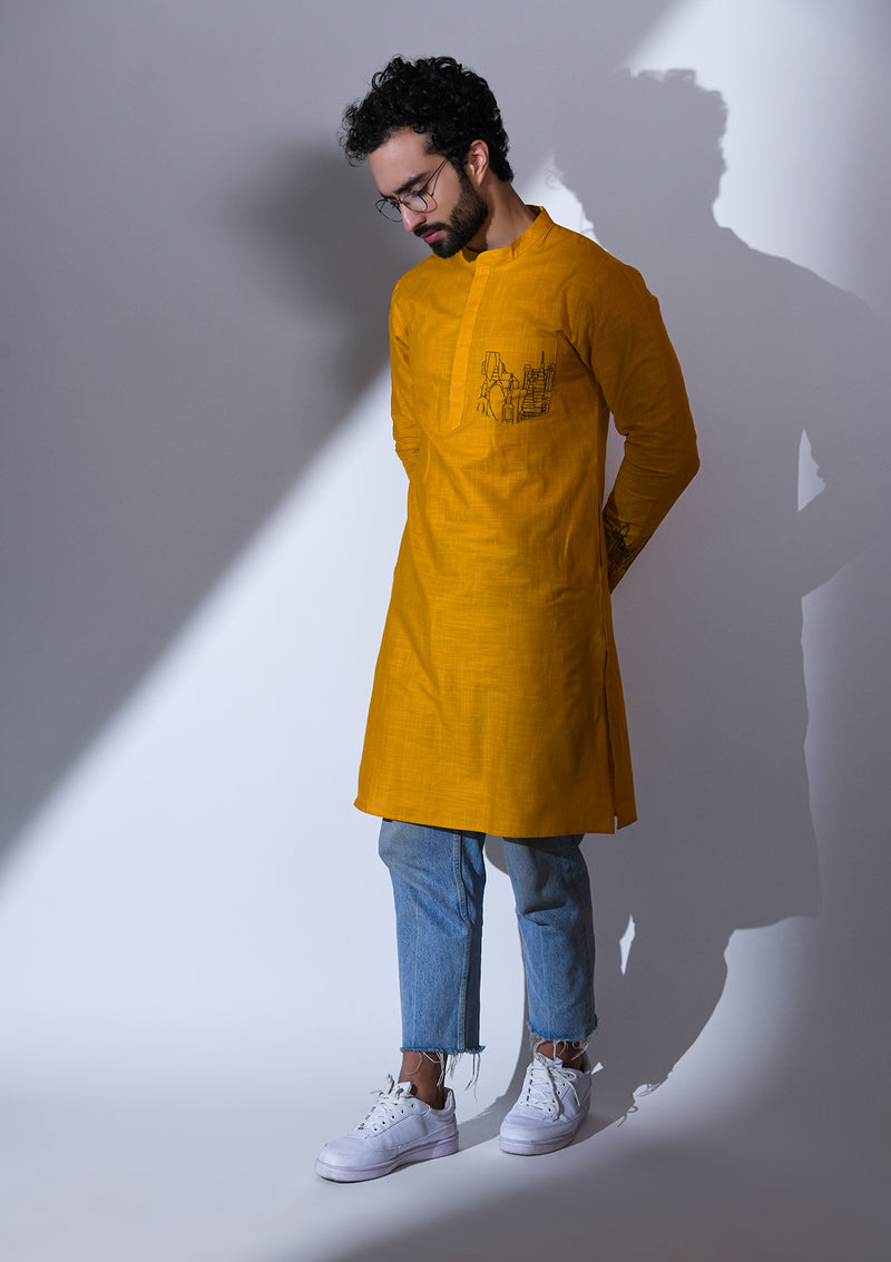 OCHRE REGULAR FIT KURTA WITH POCKET & CUFF EMBRIODERY DETAIL