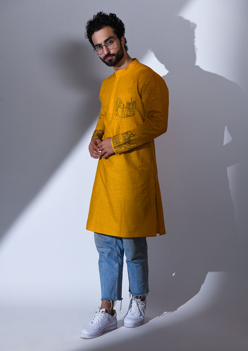 OCHRE REGULAR FIT KURTA WITH POCKET & CUFF EMBRIODERY DETAIL
