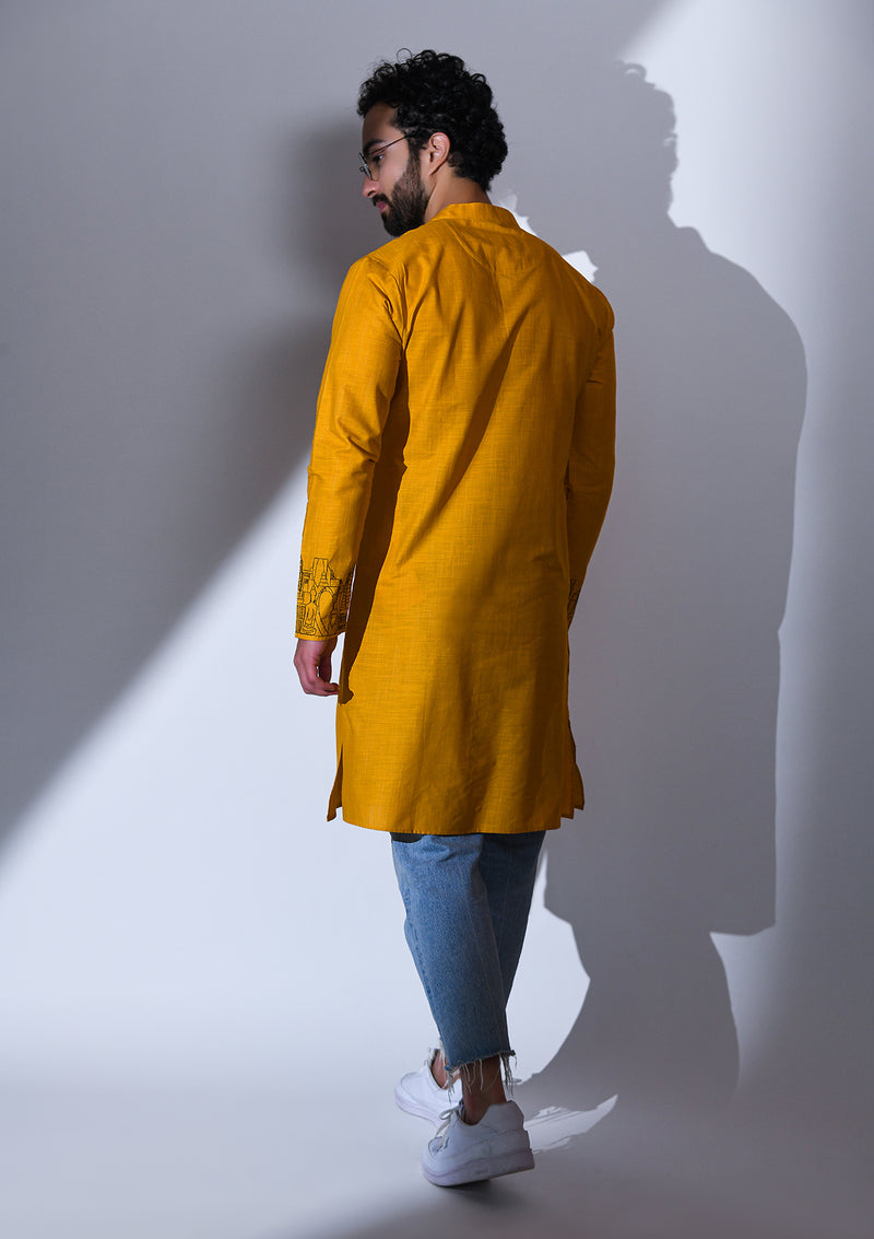 OCHRE REGULAR FIT KURTA WITH POCKET & CUFF EMBRIODERY DETAIL