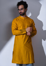 OCHRE REGULAR FIT KURTA WITH POCKET & CUFF EMBRIODERY DETAIL