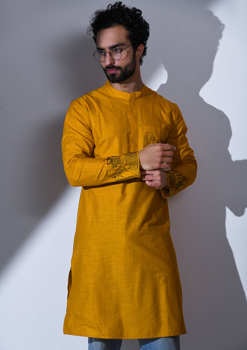 OCHRE REGULAR FIT KURTA WITH POCKET & CUFF EMBRIODERY DETAIL