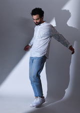 WHITE SATIN ABSTRACT POCKET AND SLEEVE EMBRIODERED SHORT KURTA
