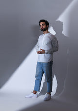 WHITE SATIN ABSTRACT POCKET AND SLEEVE EMBRIODERED SHORT KURTA