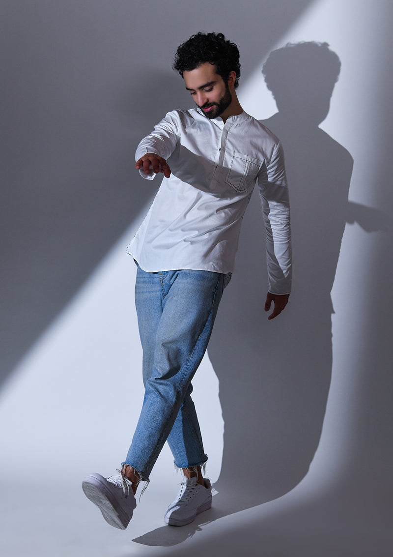 WHITE SATIN ABSTRACT BACK EMBRIODERED SHORT KURTA