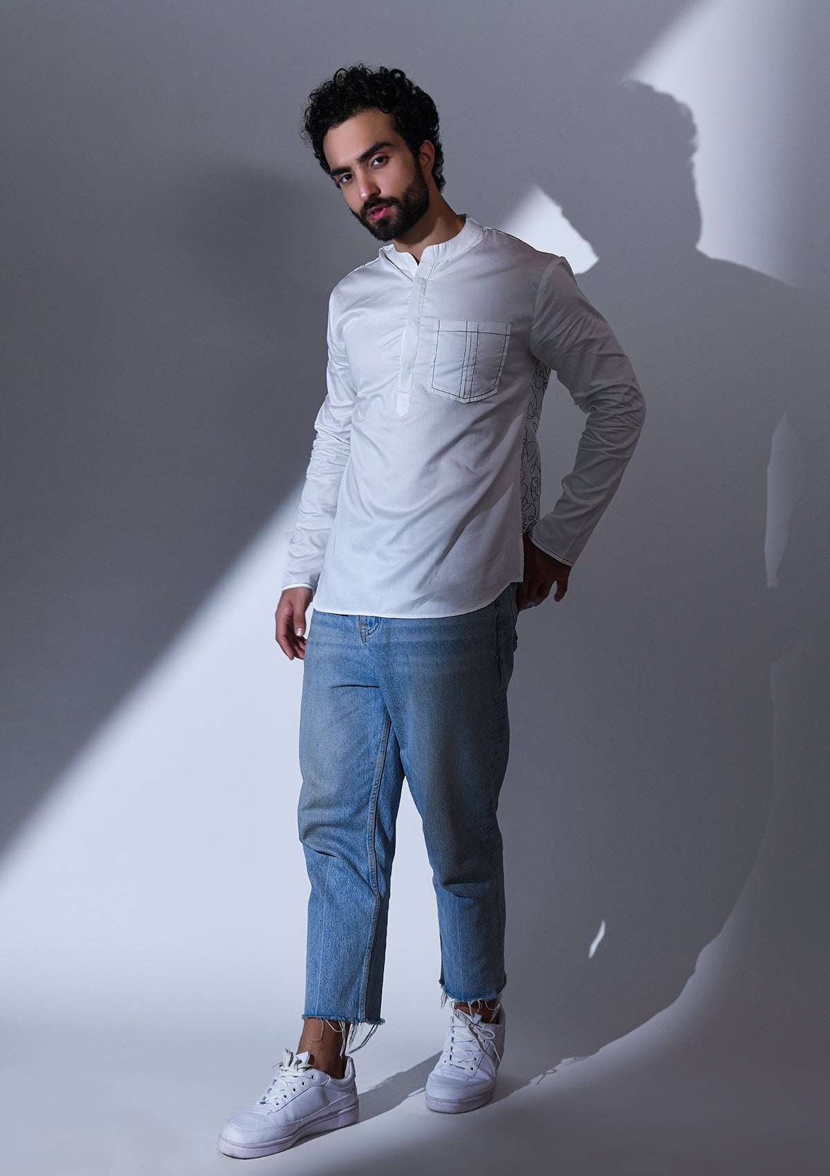 WHITE SATIN ABSTRACT BACK EMBRIODERED SHORT KURTA