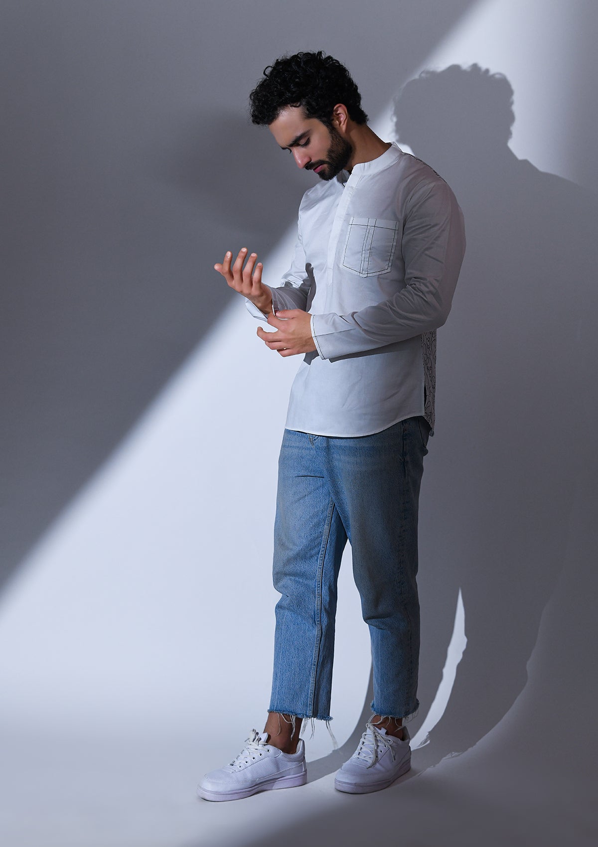 WHITE SATIN ABSTRACT BACK EMBRIODERED SHORT KURTA