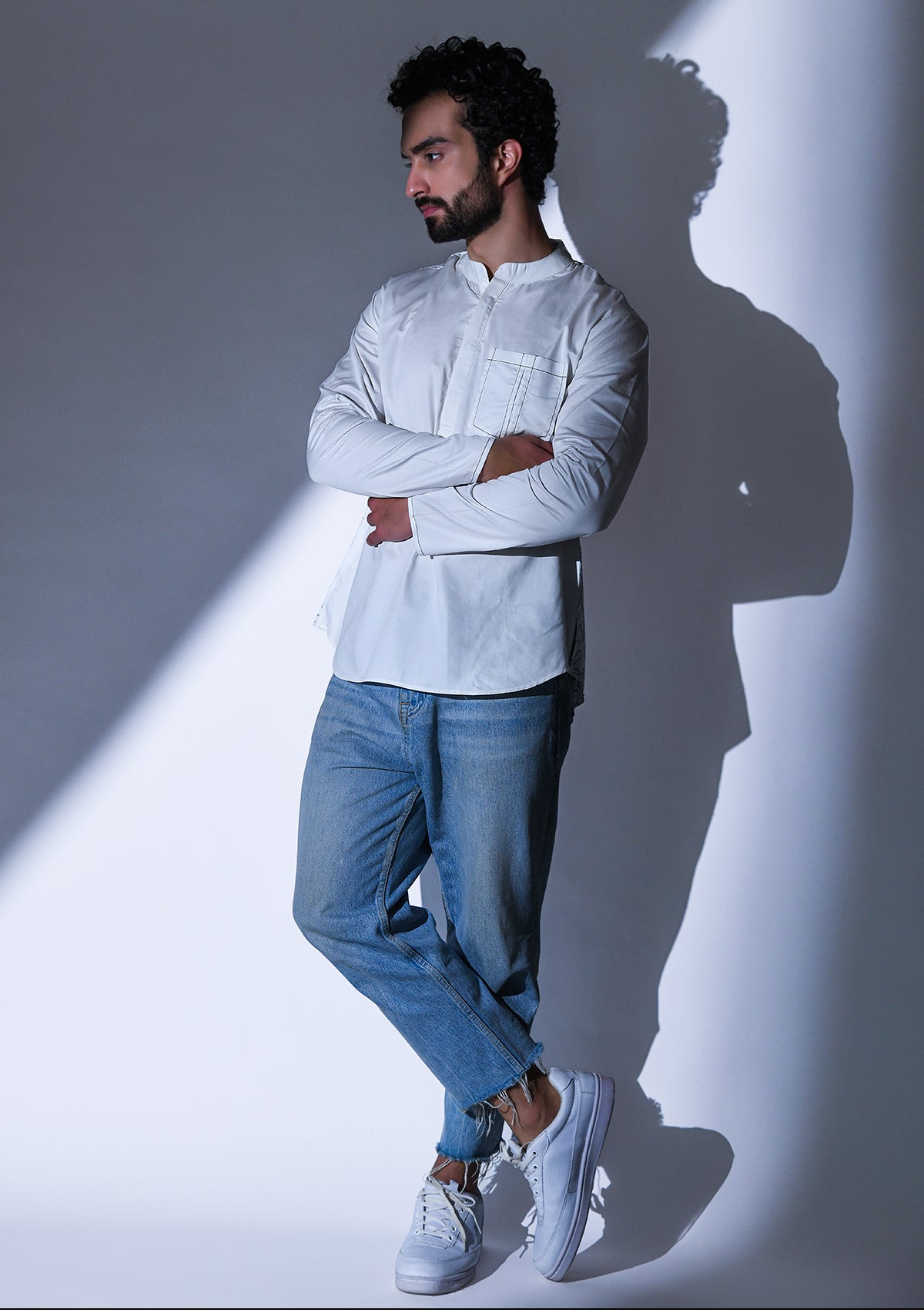 WHITE SATIN ABSTRACT BACK EMBRIODERED SHORT KURTA