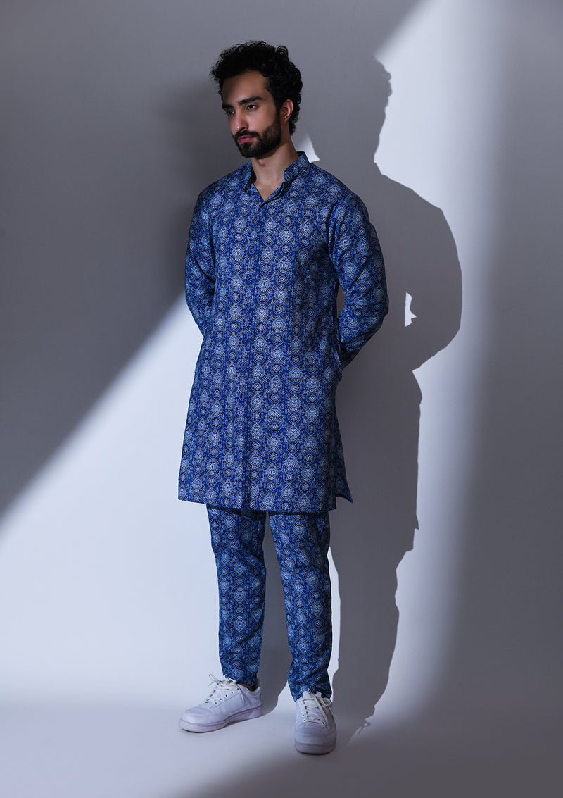 BLUE BLACK FLORAL PRINTED CO-ORDINATED KURTA PYJAMA SET