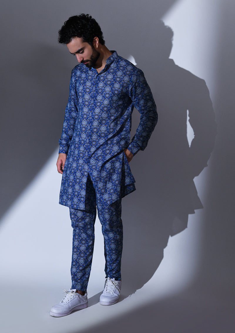 BLUE BLACK FLORAL PRINTED CO-ORDINATED KURTA PYJAMA SET