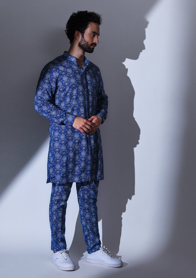 BLUE BLACK FLORAL PRINTED CO-ORDINATED KURTA PYJAMA SET