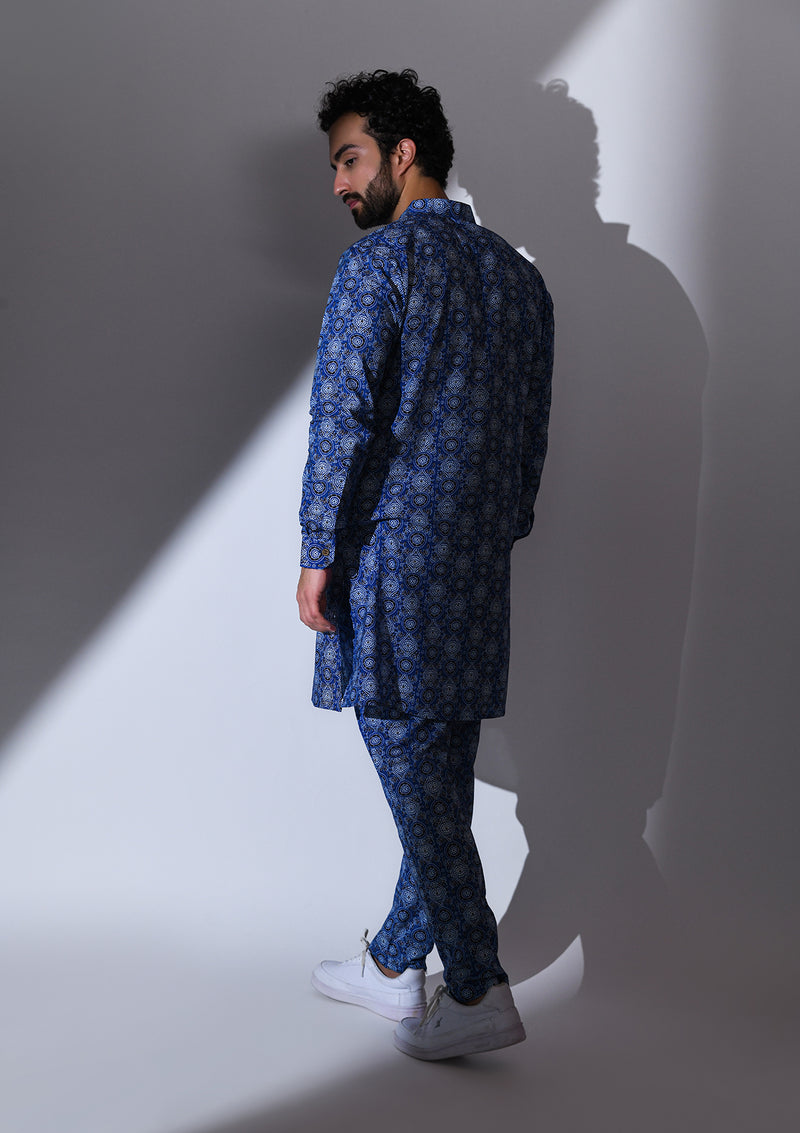 BLUE BLACK FLORAL PRINTED CO-ORDINATED KURTA PYJAMA SET