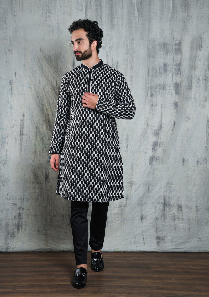 BLACK KURTA PYJAMA SET WITH INTRICATE WHITE 7DOT TREE THREAD EMBROIDERY