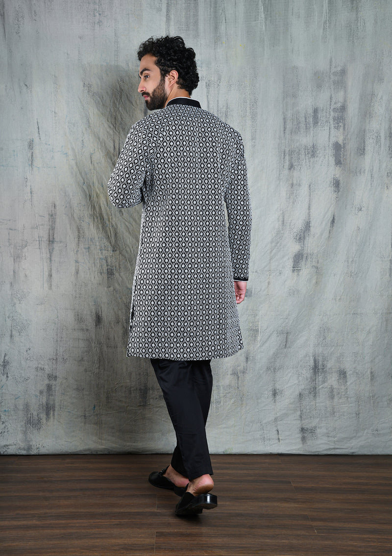 BLACK KURTA PYJAMA SET WITH INTRICATE WHITE DIAMOND THREAD EMBROIDERY