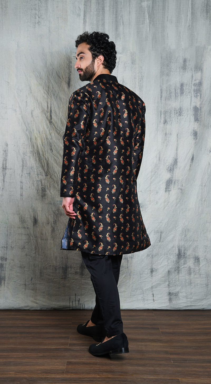BLACK CONTRAST PAISLEY PRINTED POLY SILK KURTA PYJAMA SET