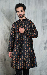 BLACK CONTRAST PAISLEY PRINTED POLY SILK KURTA PYJAMA SET