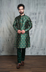 ROYAL GREEN CONTRAST PAISLEY PRINTED POLY SILK KURTA PYJAMA SET