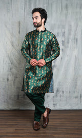ROYAL GREEN CONTRAST PAISLEY PRINTED POLY SILK KURTA PYJAMA SET