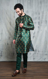 ROYAL GREEN CONTRAST PAISLEY PRINTED POLY SILK KURTA PYJAMA SET