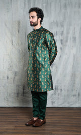 ROYAL GREEN CONTRAST PAISLEY PRINTED POLY SILK KURTA PYJAMA SET
