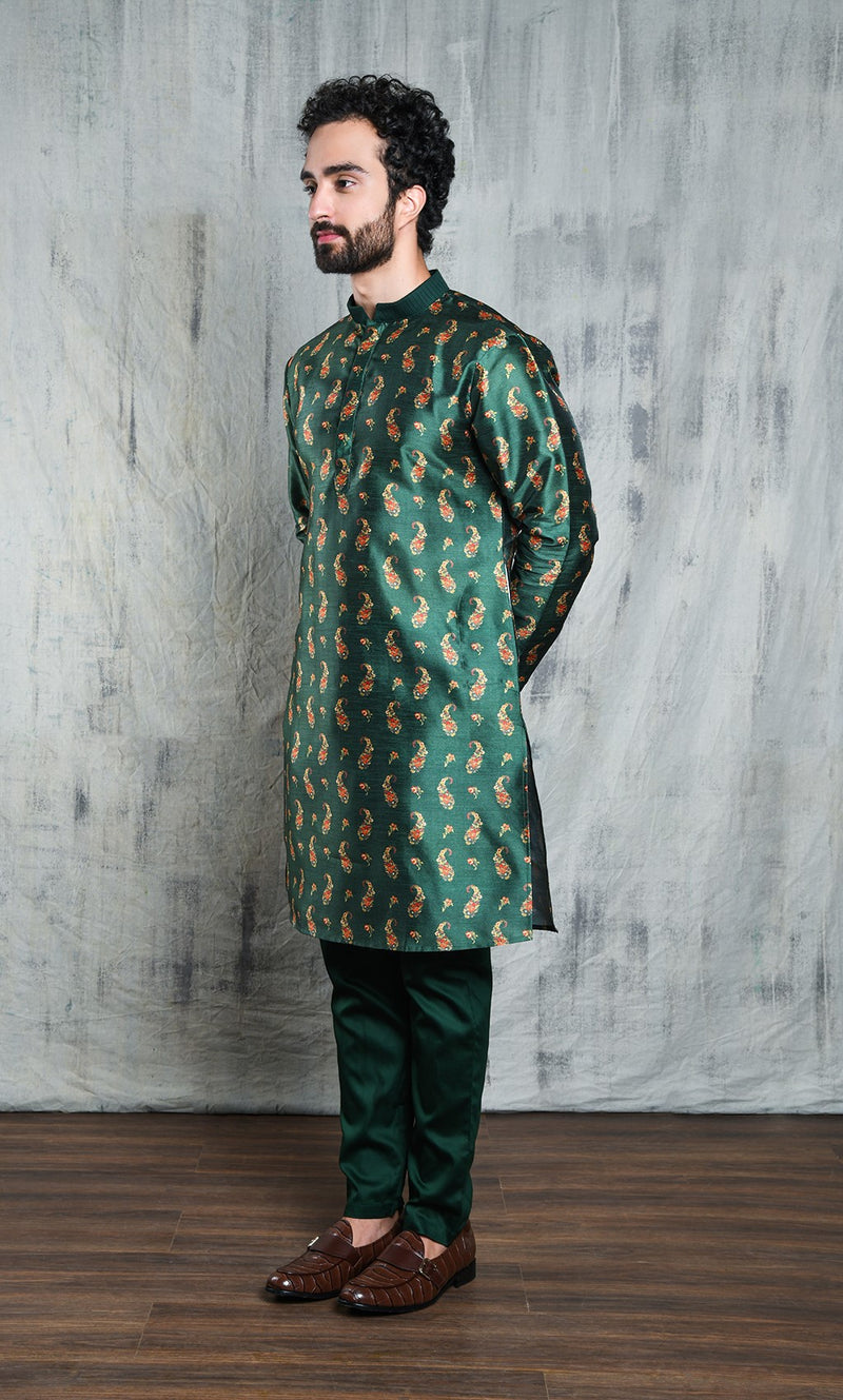 ROYAL GREEN CONTRAST PAISLEY PRINTED POLY SILK KURTA PYJAMA SET