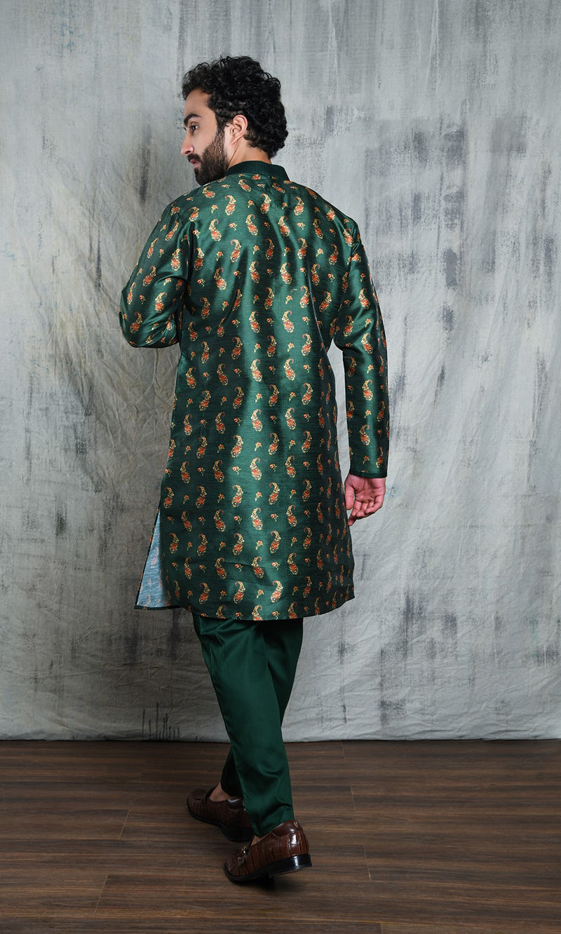 ROYAL GREEN CONTRAST PAISLEY PRINTED POLY SILK KURTA PYJAMA SET