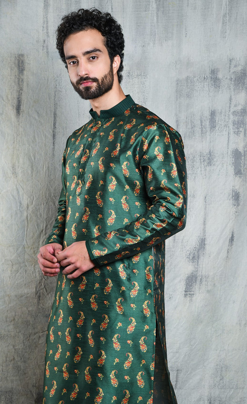 ROYAL GREEN CONTRAST PAISLEY PRINTED POLY SILK KURTA PYJAMA SET