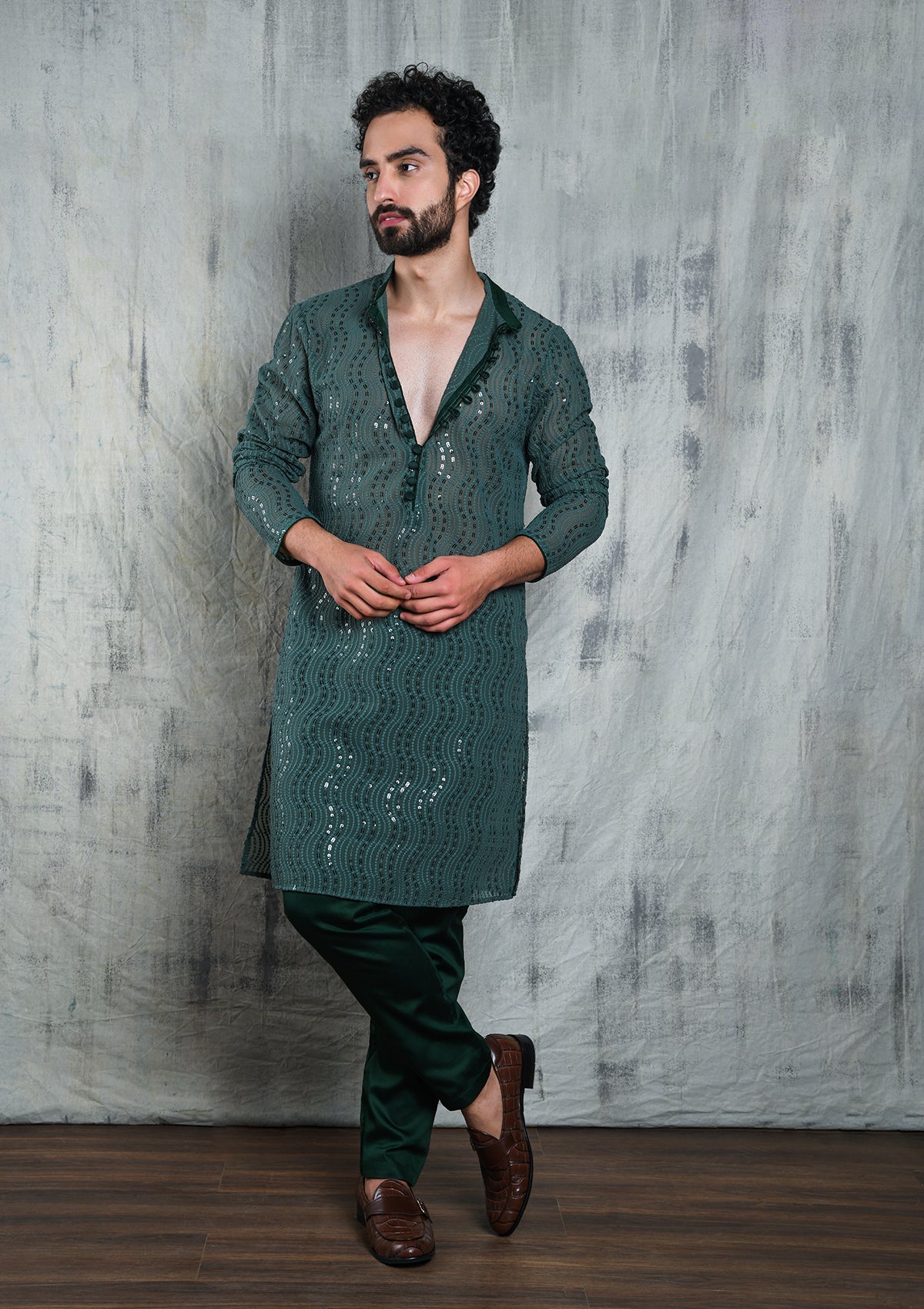 EDEN GREEN GEORGETTE ALL OVER SEQUINS EMBROIDERY KURTA PYJAMA SET