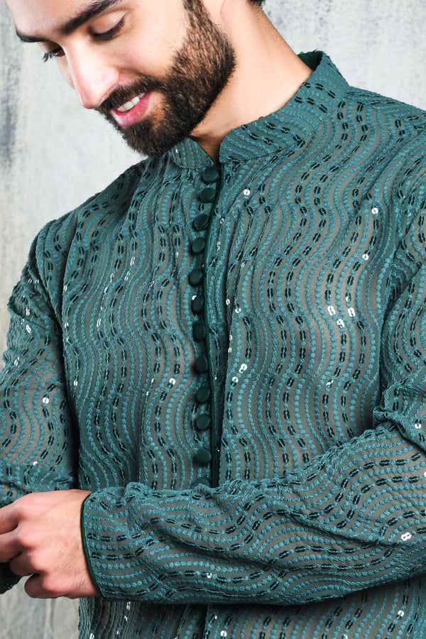 EDEN GREEN GEORGETTE ALL OVER SEQUINS EMBROIDERY KURTA PYJAMA SET