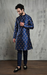 ROYAL BLUE CONTRAST PAISLEY PRINTED POLY SILK KURTA PYJAMA SET