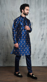 ROYAL BLUE CONTRAST PAISLEY PRINTED POLY SILK KURTA PYJAMA SET