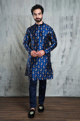 ROYAL BLUE CONTRAST PAISLEY PRINTED POLY SILK KURTA PYJAMA SET