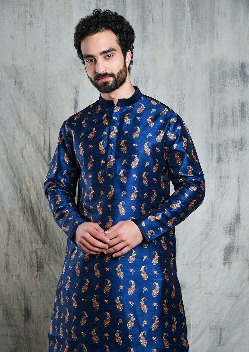 ROYAL BLUE CONTRAST PAISLEY PRINTED POLY SILK KURTA PYJAMA SET