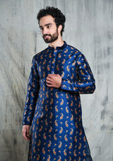 ROYAL BLUE CONTRAST PAISLEY PRINTED POLY SILK KURTA PYJAMA SET
