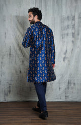 ROYAL BLUE CONTRAST PAISLEY PRINTED POLY SILK KURTA PYJAMA SET