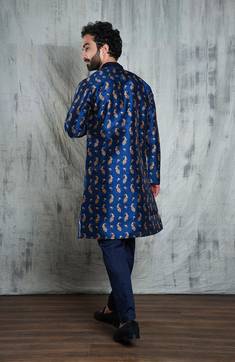 ROYAL BLUE CONTRAST PAISLEY PRINTED POLY SILK KURTA PYJAMA SET