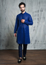 ELECTRIC BLUE GEORGETTE ALL OVER SEQUINS EMBROIDERY KURTA PYJAMA SET