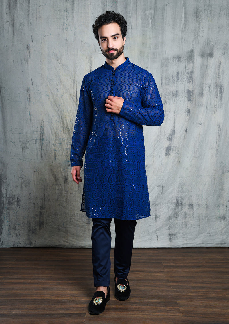 ELECTRIC BLUE GEORGETTE ALL OVER SEQUINS EMBROIDERY KURTA PYJAMA SET
