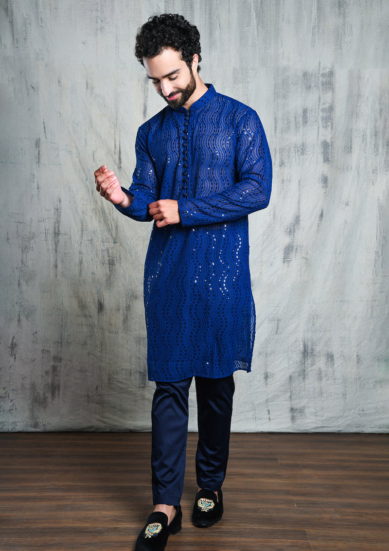 ELECTRIC BLUE GEORGETTE ALL OVER SEQUINS EMBROIDERY KURTA PYJAMA SET