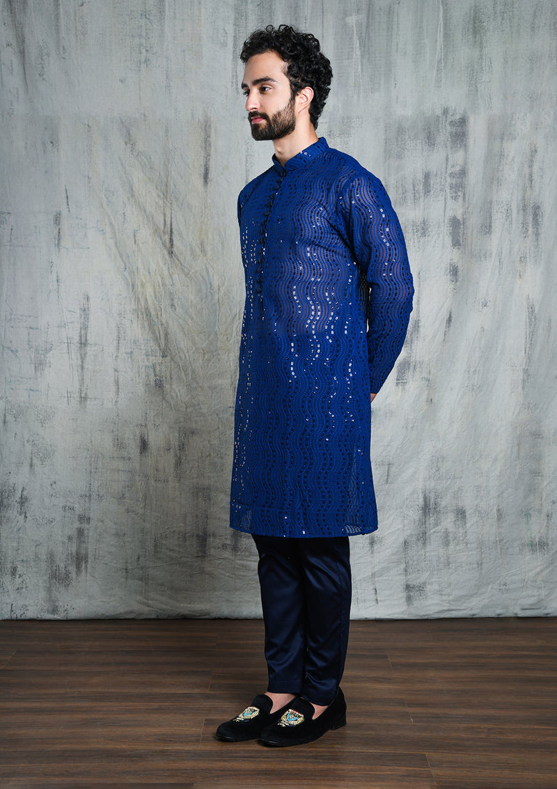 ELECTRIC BLUE GEORGETTE ALL OVER SEQUINS EMBROIDERY KURTA PYJAMA SET