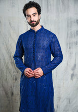 ELECTRIC BLUE GEORGETTE ALL OVER SEQUINS EMBROIDERY KURTA PYJAMA SET