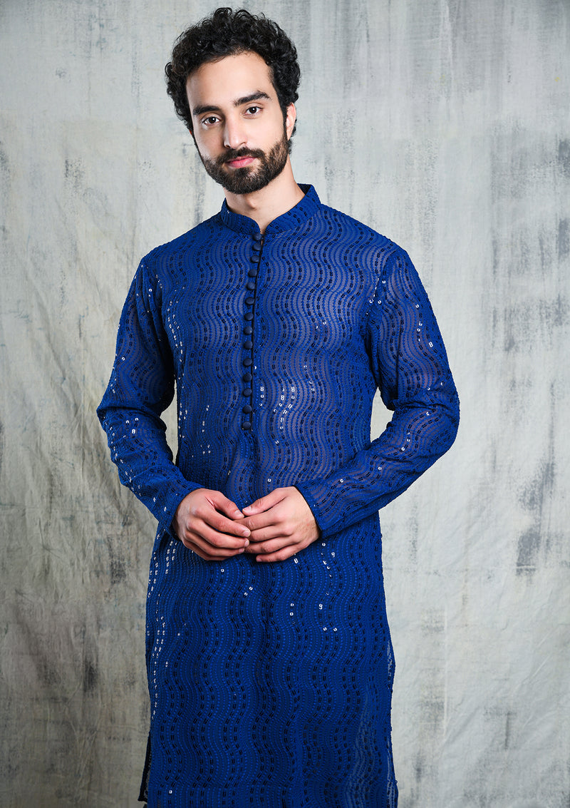 ELECTRIC BLUE GEORGETTE ALL OVER SEQUINS EMBROIDERY KURTA PYJAMA SET