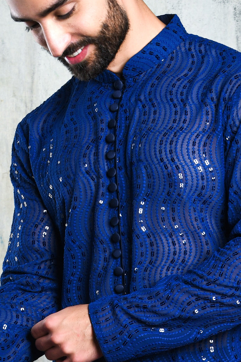 ELECTRIC BLUE GEORGETTE ALL OVER SEQUINS EMBROIDERY KURTA PYJAMA SET