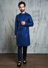 EMBROIDERED ROYAL BLUE KURTA PYJAMA SET WITH ALL OVER SEQUIN DESIGN