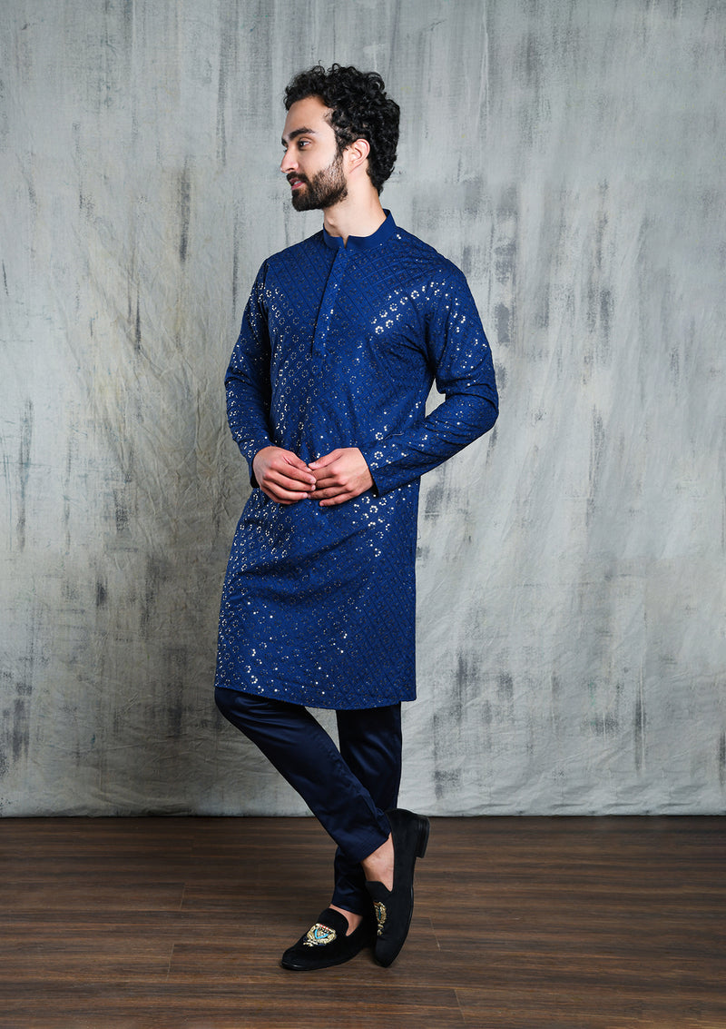 EMBROIDERED ROYAL BLUE KURTA PYJAMA SET WITH ALL OVER SEQUIN DESIGN