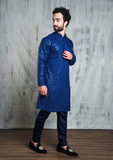 EMBROIDERED ROYAL BLUE KURTA PYJAMA SET WITH ALL OVER SEQUIN DESIGN