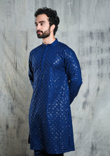 EMBROIDERED ROYAL BLUE KURTA PYJAMA SET WITH ALL OVER SEQUIN DESIGN